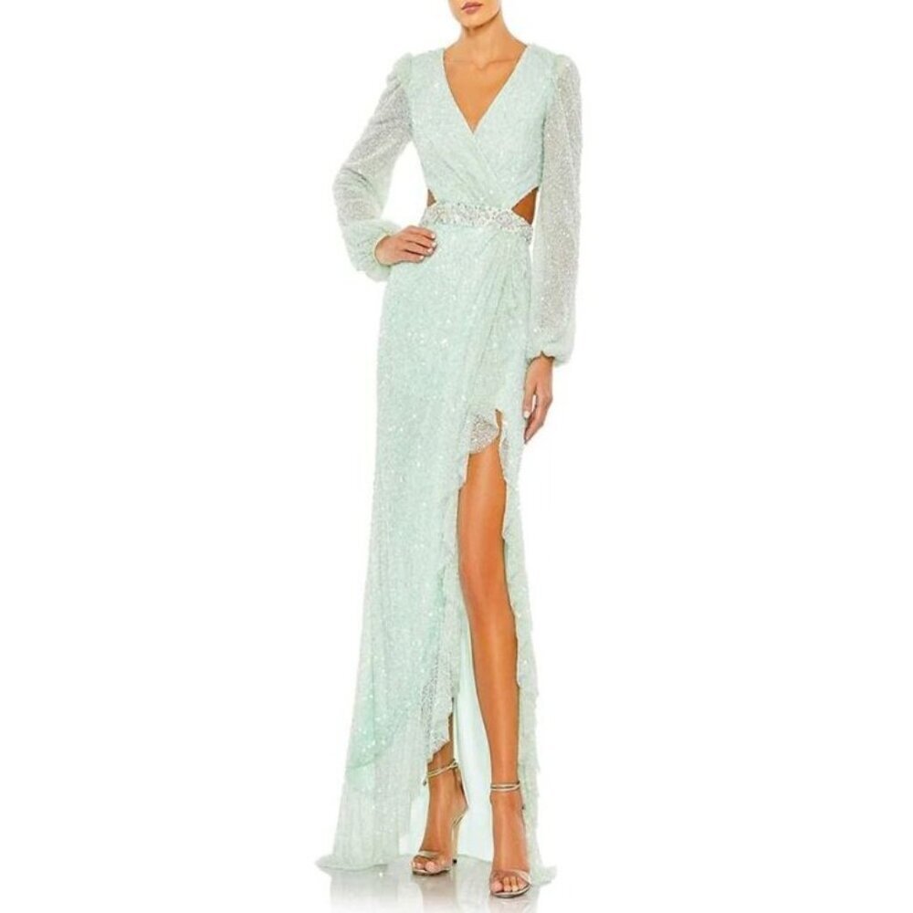 Mac Duggal Mint Green Sequins Cutout Formal Gown Maxi Dress Sz 2 NWT Long Sleeve